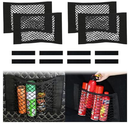 CGEAMDY Kofferraum Netztasche, 4 Stück Auto Klett Gepäcknetz, Universal KFZ Organizer Elastisch Aufbewahrung Netz, Kofferraumnetz Schutznetz Mit Klettverschluss für Auto/SUV (40x25cm)