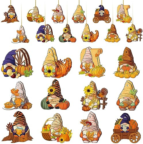 Leonshco 24 stycken höstdekoration hängande trätrailer höstdekoration gnome figurer ahorn blad pumpa dekoration målade trä dekoration trailer med rep tacksägelse juldekorationer gåva