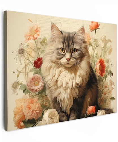 MuchoWow© Leinwand Deko Schlafzimmer Aesthetic Leinwandbilder Wohnzimmer | 80x60 cm - Gemälde Foto Geschenk Living Room Decoration Vintage - Katze - Blumen - Weiß - Natur - Tiere