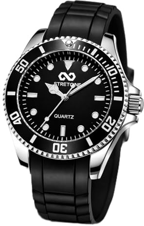 Stretone Men's Waterproof Sports Watch – Black Silicone Strap Quartz Watch for Men, Dive Style Casual Everyday Wrist Watch, 30M Water Resistant