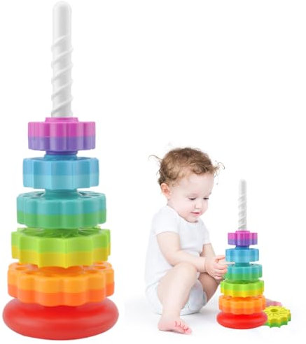 TNSLAND Grande Pyramide pour Bébé Jouet à Empiler 40 cm, Jouet Rotatif pour bébé Arc-en-Ciel empilable Tour d'empilage rotative Jouet Montessori sans BPA Anneaux de Couleurs à empiler