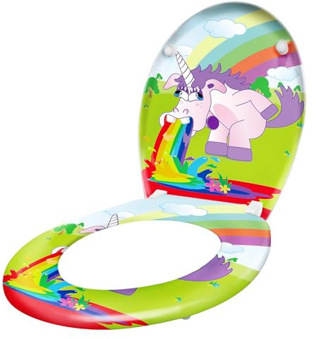 ACXIN WC Sitz mit Absenkautomatik Klodeckel mit Absenkautomatik aus Duroplast und Edelstahl, Antibakteriell, Leicht zu Reinigen, Abnehmbar (Regenbogen und Pferd)