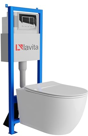 Lavita LAV 101 Vorwandelement für WC 40cm + Wand Hänge Tiefspül WC SINTO GRANDE Weiß Spülrandlos + Bedienplatte LAV 200.1.2 Verchromt | Komplettset | Unterputz Spülkasten | Toilette Komplett Sett