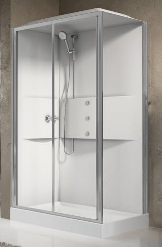 Novellini Media 2.0 2P - Bañera de hidromasaje con techo de 120 x 80 cm, cabina de ducha multifunción, apertura deslizante, reversible, mezclador termostático, cristal transparente, perfil plateado