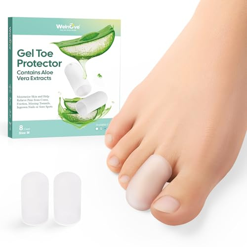 Welnove Gel-Zehenkappe und Zehenschutz - 8er-Pack Aloe Vera Extrakt infundiert Silikon Zehenabdeckungen - für Schmerzlinderung, fehlende oder eingewachsene Zehennägel, Hühneraugen, Schwielen, Blasen