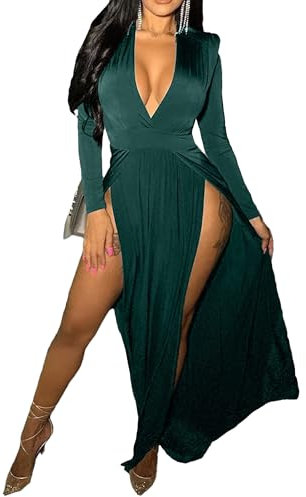 DGCUPODE Doppelt hoch geschlitzte Lange Kleider für Damen Langärmeliges Maxi-Wickelkleid mit tiefem V-Ausschnitt Sexy Cocktail Club Partykleider (Grün,M)