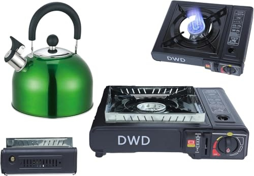DWD Premium Camping Black Gas Stove 2.5KW with Green Whistling Kettle 2.5 Litre Operates with Butane Gas or LPG Gas Source EN417 Compliant Automatic Ignition & Heat Control Enamel Pan Support