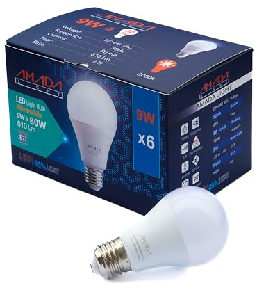 Amada Light LED Glühbirnen E27, 9W (ersetzt 80W), Warmweiß 3000K, 6er Pack, Energiesparende LED Leuchtmittel mit langer Lebensdauer