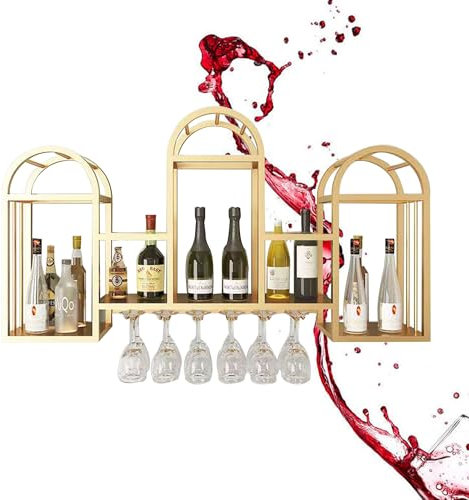 Weinregal Wand Metall Flaschenregal Schmal Wine Rack Bar Regal Weinschrank Hausbar Barschrank mit Weinglashalter Weinständer Getränke Regal Mini Bar für Küche Bar Esszimmer Wohnzimmer(Gold,128cm/50.39
