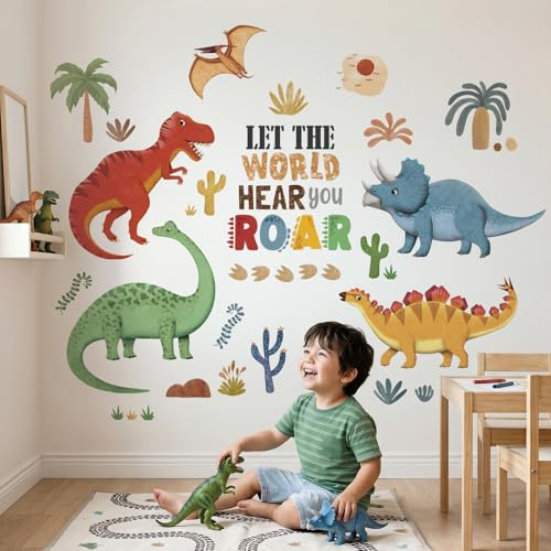 DECOWALL SG2-2425 Wandtattoos 5 bunten Dinosauriern Kinder zum Abziehen und ankleben Kinderzimmer Babytiere süße Pastell Boho Heimdekoration Jungen Mädchen Schlafzimmer Spielzimmer