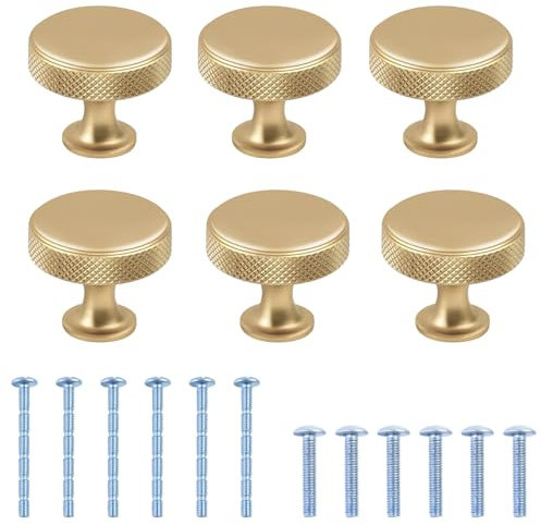 YuZhou 6Pcs Copper Knurled Cabinet Handles - Single Hole Round Door Knobs & Screws for Dresser Cupboard Closet Cabinets - 24mm*27mm
