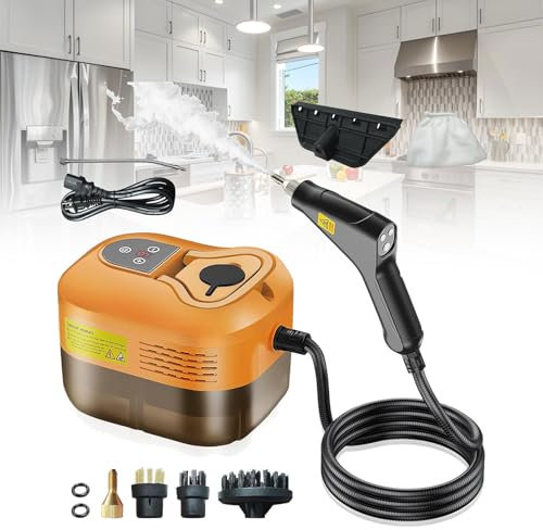 WADPP Portable Handheld Steam Cleaner,High Temperature,Handle Controllable Switch/Intelligent Digital Display,4 Brush Heads for Car, Kitchen, Furniture, Grout, Tile,Orange