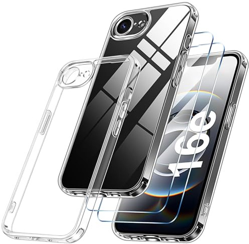 Qasyfanc Funda Compatible con iPhone 16e, Carcasa con Protección de La Cámara y 2 Protector Pantalla, TPU Protección Militar Anti-Choque Funda PC Anti-Arañazos Caso, Transparent