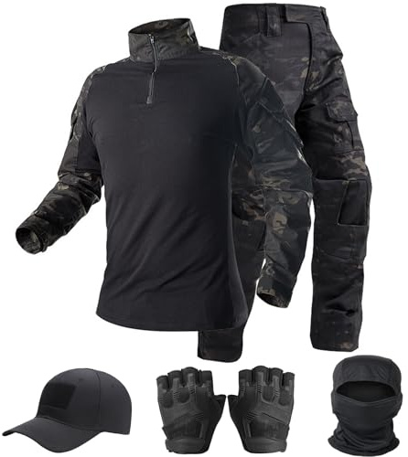 SANYETS Traje táctico, pantalones y camisa de combate, conjunto de pasamontañas de guantes, uniforme de camuflaje negro, equipo militar de airsoft para hombre