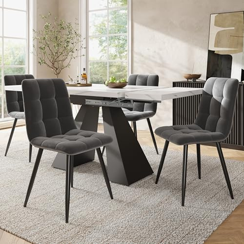 KAZZIO Set da pranzo (5-TLG), tavolo da pranzo allungabile per 4 persone, 160 x 80 x 75 cm, con 4 sedie in velluto grigio, piedini a colonna bianchi