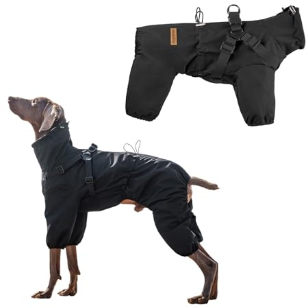 PAWBOSE Hunderegenmantel mit Geschirr für mittlere und große Hunde, verstellbare wasserdichte Hunderegenjacke, reflektierender regenfester Hunde 4 Beine Regenmantel Schwarz, 4XL