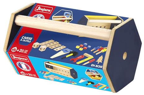 JEUJURA - Caisse à Outils en Bois - Jeu Imitation Enfant dès 3 Ans - 8596 | Outils et accessoires bricolage en bois - Marteau, scie, tournevis, clé - Jeu Enfant - Imitation - Fabriqué en France
