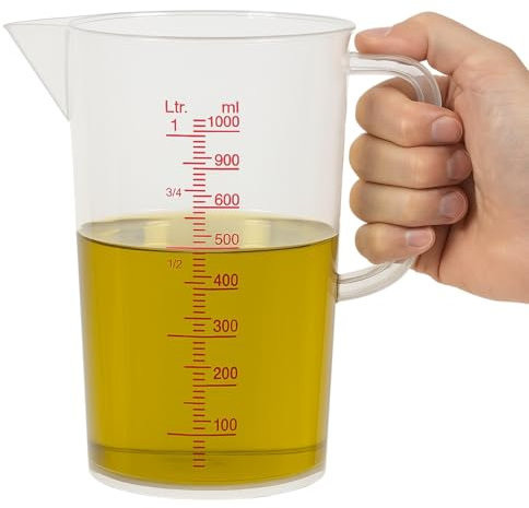 CHEFZOCO Jarra Medidora, Vaso medidor, Recipiente medidor para la cocina, Apto para calentar en microondas, Asa Ergonómica, Capacidad de 1.30 Litros, Plástico, Transparente