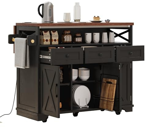 Amposei Farmhouse Kitchen Island on Wheels with Drop Leaf Breakfast Bar, Rolling Storage Island Cart Kitchen Table with Drawers, Towel Rack, 46.5-Inch, Black