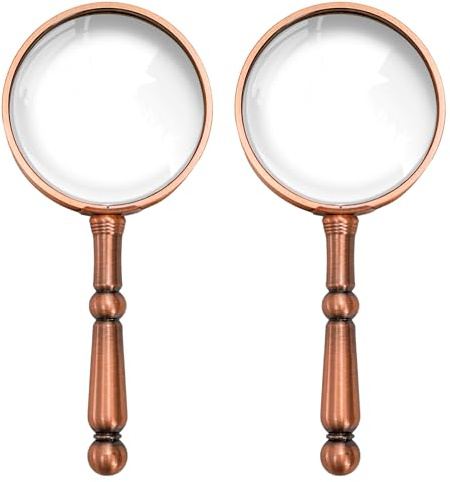 YOUEON 2 Pcs 6X Antique Magnifying Glass for Reading, Handheld Magnifier with Metal Handle, Portable Magnifying Lens for Books and Newspaper, Science Class, Observation