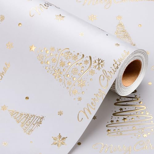 Wikadlik Weißes Geschenkpapier, geprägt mit goldenem Weihnachtsbaum und niedlicher Schneeflocke, Geschenkpapier Mini-Rolle für Weihnachten, Winter, Feiertagsfeier – 43 cm x 10 m