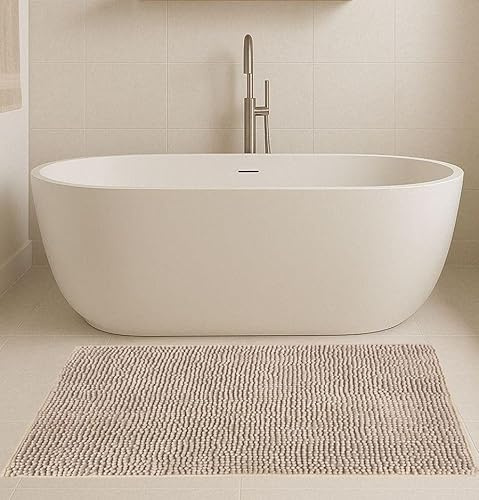 Generico Tappeto da Bagno in Microfibra di Ciniglia Antiscivolo con Fondo Gommato – Ultra Assorbente, Frange Morbide, Lavabile in Lavatrice – Comfort e Sicurezza per il Tuo Bagno (Beige, 70x140)