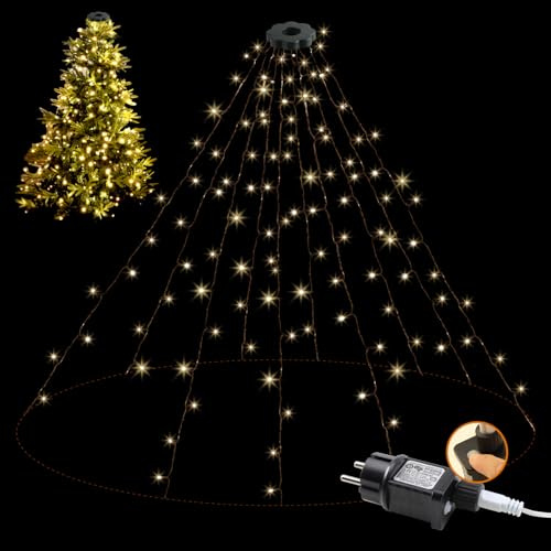 da LIGHT Lichterkette Weihnachtsbaum, 2m Christbaumbeleuchtung mit Ring, 10 Stränge 250LED für Lichterkette Außen Innen, Tannenbaum Lichterkette mit 8 Modi & Timer für 1,5-2,4m Tannen