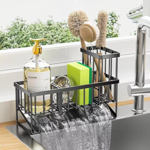 EEGAO Sponge Holder for Kitchen Sink,Kitchen Sink Organizer Countertop Rustproof 304 Stainless Steel,Soap Dispenser Organizers and Storage Essentials (B)