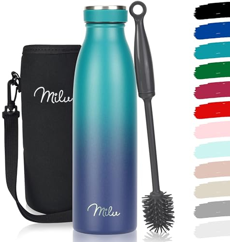 Milu Edelstahl Trinkflasche 350ml, 500ml, 750ml, 1L, 1,5L – Thermosflasche für Kinder Erwachsene auslaufsicher Isolierflasche Kohlensäure geeignet– inkl. Reinigungsbürste (Grün Blau, 500ml)