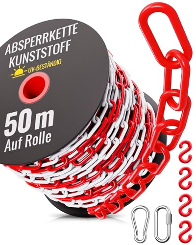 Absperrkette Rot Weiß Kunststoff - UV-Beständig & Witterungsfest – Inkl. 4x S-Haken, 1x Karabiner & Schraub-Karabiner – Absperrkette Kunststoff 50m zur Absperrung im Außenbereich - Absperrkette 50m