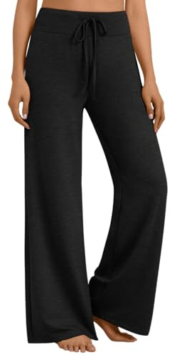 AUTOMET Women‘s Cozy Wide Leg Sweatpants, High Waist Pants for Yoga Lounge and Sleep, Soft Comfy Pants for All Seasons Black L