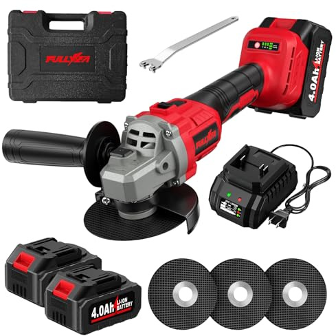 FULLYEA Cordless Angle Grinder 4-1/2 inch, 12000 RPM Brushless Metal Grinder Power Tools with 2x4.0Ah Battery, 3 Variable Speeds Angle Grinder with Auxiliary Handle for Cutting Grinding Polishing