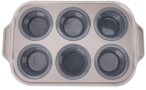 GSV Essentials Silicone Muffin Tray Non-Stick Mini Cupcake Pan with Metal Reinforced Frame – 6 Cup / 12 Cup Muffin Tins Easy Release, Foldable & Dishwasher Safe Baking Pan, (Grey, 6 Cup Mould)