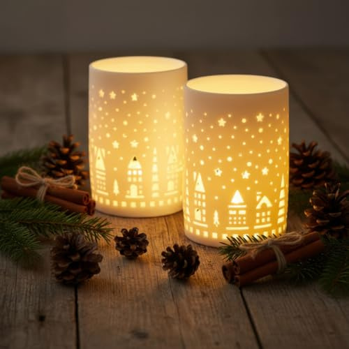levandeo 2er Set LED Dekoleuchte Weiß H13cm Porzellan Weihnachten Deko Windlicht Tischdeko Beleuchtung Lichtdeko