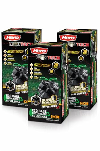 Hero Eco Webtech Black Drawstring Bin Bags 114L – Extra Large Heavy Duty Refuse Sacks, Tear Resistant, Leak Resistant, Recycled Plastic Rubbish Bags for Home, Office & Commercial (84)