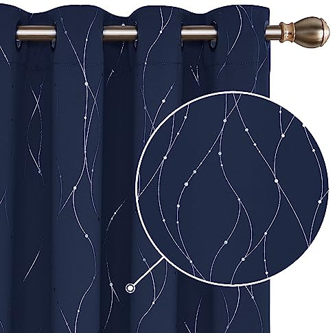 Deconovo Super Soft Dotted Line Foil Printed Thermal Insulated Blackout Curtains Window Treatment Eyelet Blackout Curtains for Boys Bedroom 46 x 90 Inch Navy Blue Two Panels