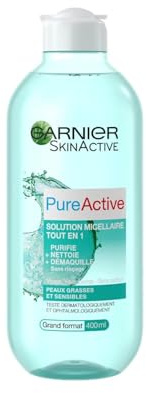 GARNIER Pure Active - Solution Micellaire Tout-En-1 - Purifie, Nettoie & Démaquille - Formule Enrichie En Micelles - Visage, Yeux, Lèvres - Peaux Mixtes à Grasses & Sensibles - 400 ml