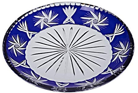 Glasteller Kuchenteller flach Blau geschliffen Schleuderstern Kristallglas 29 cm