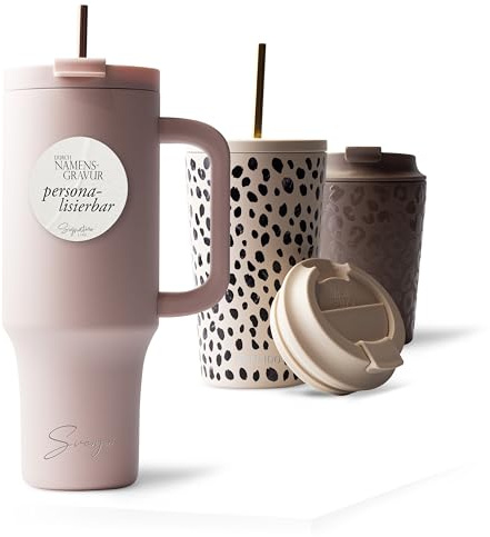MAMEIDO Thermobecher mit Strohhalm 1200 ml (personalisiert) | mit Gravur, auslaufsicher, aus Edelstahl & BPA-frei, Namensgravur als personalisiertes Geschenk