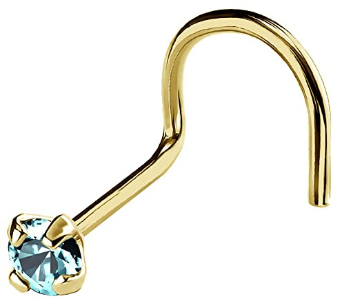 20G Solid 14Kt Gold Nose Screw Stud with Prong Set real Blue Topaz Gemstone, 14kt Yellow Gold or 14kt White Gold - November Birthstone Nose Ring