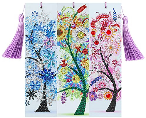 VETPW 3 st färgglada träd bokmärken kit diamantbroderi med lädertofs, 5D DIY diamantmålning bokmärken kit för födelsedag och examen