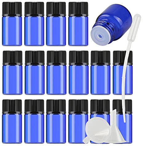 TIANZD 50 Pièces Mini 3ml Bleu Bouteilles en Verre D'huile Essentielle avec Orifice Réducteur, Flacons en Verre Vides apour Huiles Essentielles Aromathérapie
