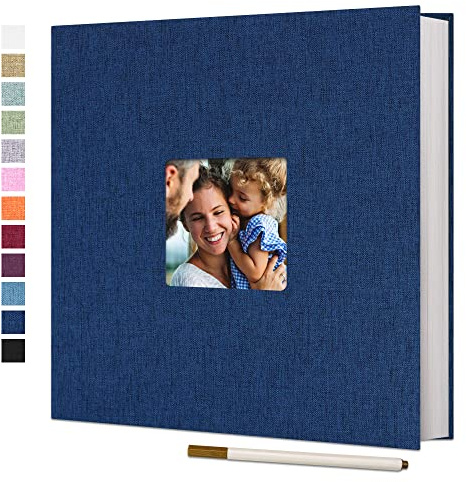 Vienrose Selbstklebendes Fotoalbum, 60 Seiten, 33x32 cm, Blau | Fotoalbum zum Einkleben und Selbstgestalten, Groß Leinen Photoalbum, Metallstift, Hochzeit Jahrestag Reise Geburtstag