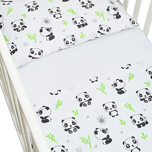 CangooCare® - Juego de sábanas de 3 piezas para cuna de bebé, Montessori, 80 x 160 cm, 1 sábana bajera con esquinas, 1 sábana encimera, 1 funda de almohada, 100% algodón, diseño de panda