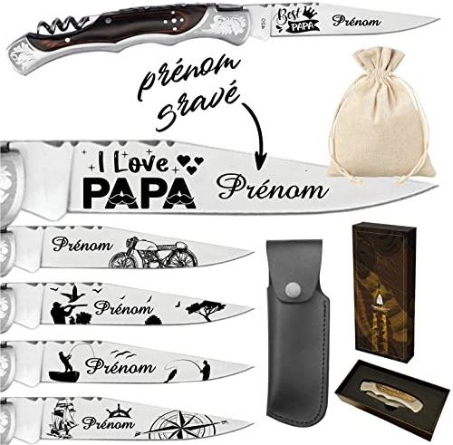 Laguiole Bougna - Couteau avec Tire Bouchon Personnalisé avec Dessin et Prénom Gravé - Cadeau pour Homme : Fête des Pères, Papa, Papi, Papy Anniversaire, Noël