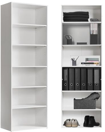 mokebo® Bücherregal weiß aus Holz 'Der Bücherwurm', Schuhregal, Holzregal, Aktenregal Standregal fürs Wohnzimmer, Büro, Kinderzimmer, Regal groß für die Wand mit viel Stauraum, 60cm Breite