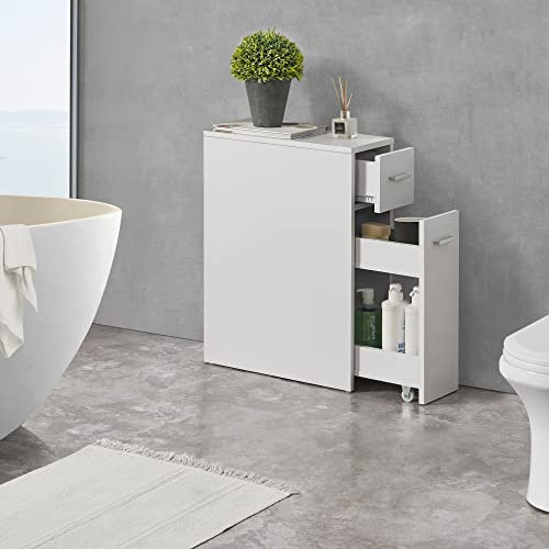 [en.casa] Mobile da Bagno Basso Stretto con 2 Cassetti Armadietto Multiuso per Cucina Lavanderia 61x20x45 cm Cassetto Estraibile a Ripiani e Rotelle - Bianco