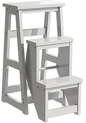 CHEMYO Klappleiter und Stuhl-Kombination, zusammenklappbarer Leiterstuhl aus Holz, zusammenklappbare Bibliothekstreppe, Leiterstuhl, Küche, Büro (Weiß 58 * 36 * 77 cm)