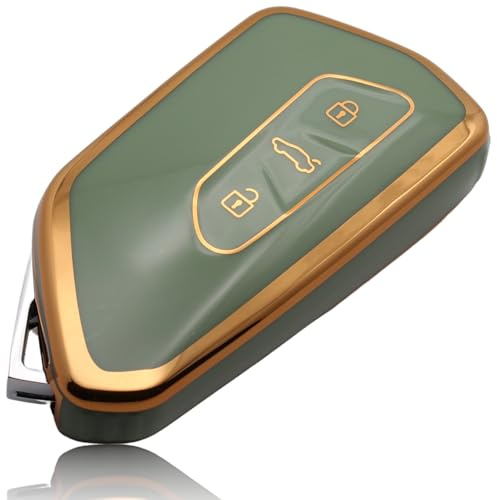 FOAMO Autoschlüssel Hülle passend für VW Golf 8, ID.3, ID.4, ID.5, ID.7, Seat Leon, Ateca, Tarraco, Cupra Formentor, Born, Skoda Octavia, Enyaq, Schlüssel Cover (Grün - Goldener Rand)