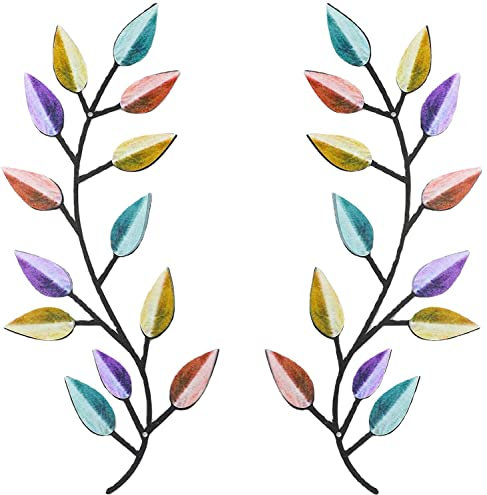 2Pcs Metal Tree Leaf Wall Decor Vine Olive Branch Leaf Wall Art Wall Hanging Decorative Wall Sculpture Art for Bedroom Living Room Wall Decoration (Coloured)
